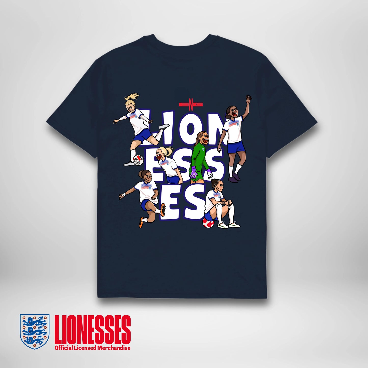 Back of England Lionesses navy graphic tee featuring bold lettering minimalist design of Lionesses lineup, by AFTA Studios.