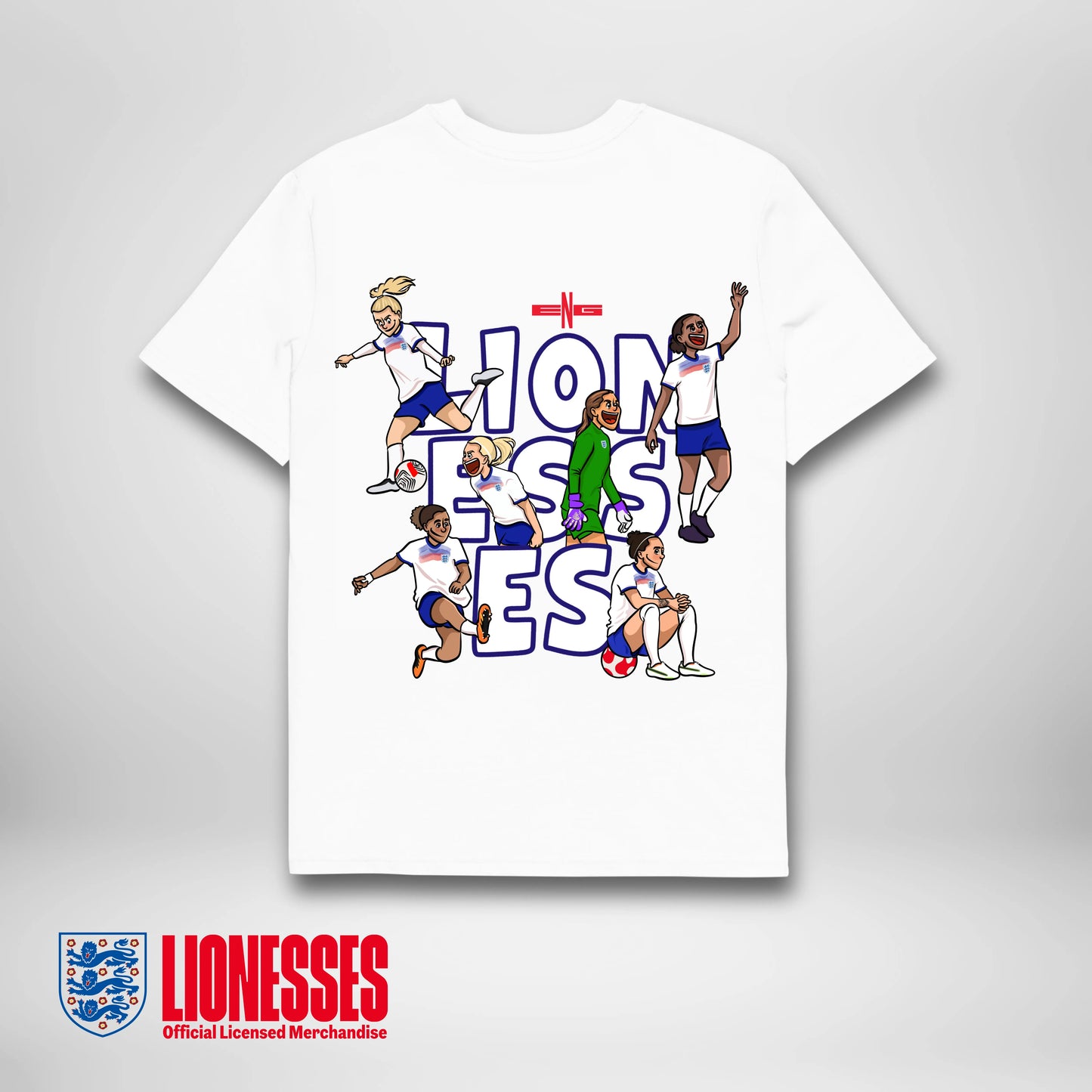 Back of Official England Lionesses white graphic tee with bold lettering minimalist design featuring Lionesses lineup, by AFTA Studios.